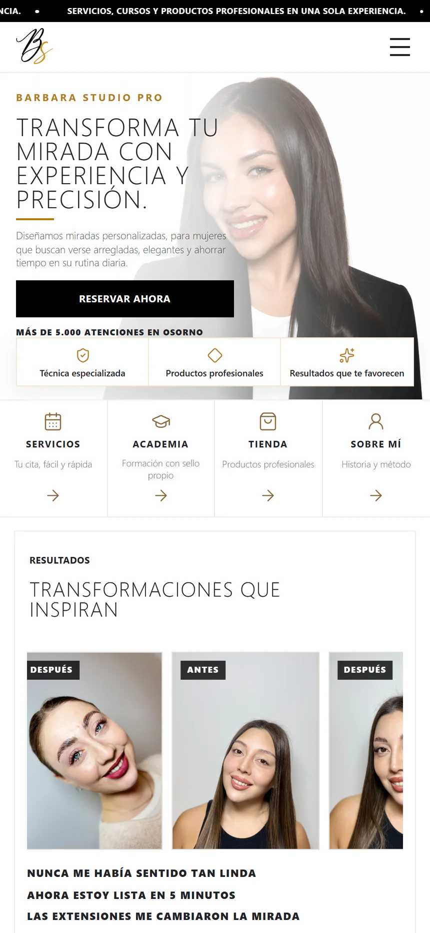 Portada y navegación móvil de Barbara Studio Pro